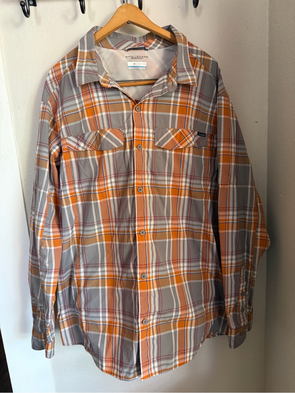 Columbia Orange Gray plaid long Sleeve Button Shirt Men XXL